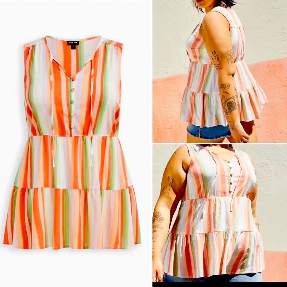 Torrid Textured Stretch Rayon Multi Stripe Tiered Tank Top
